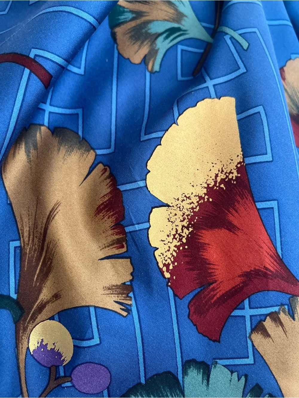Blue Floral Silk Scarf ginkgo leaves